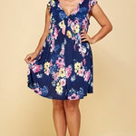 plus Size Floral Venechia Printed Deep V Neckline Swing Dress