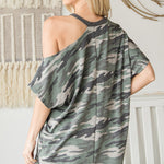 Asymmetric Neck Contrast Trim Camo Print Top