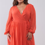 Plus Wrap Deep V-neck Long Puff Sleeve With Elasticated Cuff Pleated Mini Dress