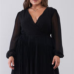 Plus Wrap Deep V-neck Long Puff Sleeve With Elasticated Cuff Pleated Mini Dress
