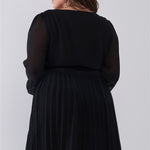 Plus Wrap Deep V-neck Long Puff Sleeve With Elasticated Cuff Pleated Mini Dress