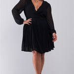 Plus Wrap Deep V-neck Long Puff Sleeve With Elasticated Cuff Pleated Mini Dress