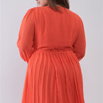 Plus Wrap Deep V-neck Long Puff Sleeve With Elasticated Cuff Pleated Mini Dress