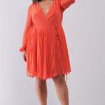 Plus Wrap Deep V-neck Long Puff Sleeve With Elasticated Cuff Pleated Mini Dress