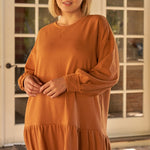 Plus Camel Round Neck Long Sleeve Drop Waist Sweatshirt Mini Dress