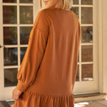Plus Camel Round Neck Long Sleeve Drop Waist Sweatshirt Mini Dress