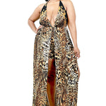 Plus Wild Animal Print Halter Neck Mexi Dress