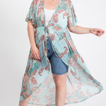Short Sleeves Long-line Printed Mesh Open Cardigan