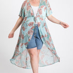 Short Sleeves Long-line Printed Mesh Open Cardigan