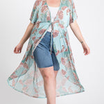 Short Sleeves Long-line Printed Mesh Open Cardigan