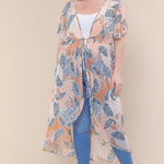 Short Sleeves Long-line Printed Mesh Open Cardigan