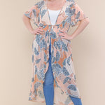 Short Sleeves Long-line Printed Mesh Open Cardigan