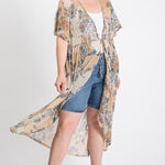 Short Sleeves Long-line Printed Mesh Open Cardigan