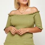 Plus Size Rib Knit Off Shoulder Short Sleeve Top