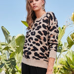 Round Neck Long Sleeve Frayed Edge Leopard Print Sweater