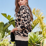 Round Neck Long Sleeve Frayed Edge Leopard Print Sweater