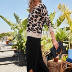 Round Neck Long Sleeve Frayed Edge Leopard Print Sweater