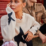 Distressed Round Neck Long Sleeve Star Print Loose Fit Sweater