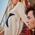 Distressed Round Neck Long Sleeve Star Print Loose Fit Sweater