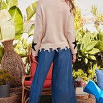 Distressed Round Neck Long Sleeve Star Print Loose Fit Sweater