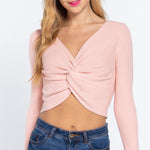 V-neck Front Knotted Crop Sweater