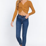 V-neck Front Knotted Crop Sweater
