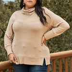 Plus Khaki High Cowl Neck Long Sleeve Rib Hem Sweater Top