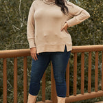 Plus Khaki High Cowl Neck Long Sleeve Rib Hem Sweater Top