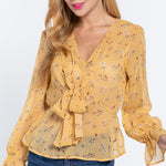 Ruffle Slv Peplum Print Woven Top