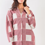 Red & Natural 90s Multi Plaid Oversized Button Down Mini Shirt Dress