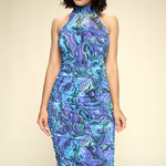 Multi-color Marble Print Midi Dress, Ruched, Small Slit