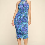 Multi-color Marble Print Midi Dress, Ruched, Small Slit