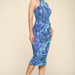 Multi-color Marble Print Midi Dress, Ruched, Small Slit