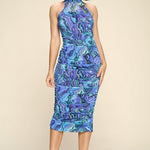 Multi-color Marble Print Midi Dress, Ruched, Small Slit