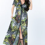 Deep V Neck Slit Zebra Print Long Dress