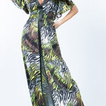 Deep V Neck Slit Zebra Print Long Dress