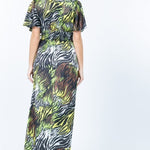 Deep V Neck Slit Zebra Print Long Dress