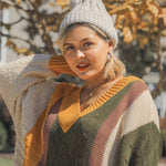 Oversized Multicolor Bouclé V-neck Pullover Sweater Dress With Side Slit