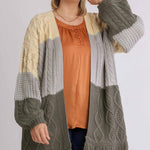 Patchwork Knitted Open Front Cardigan Sweater With Frayed Hem