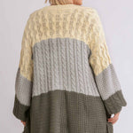 Patchwork Knitted Open Front Cardigan Sweater With Frayed Hem