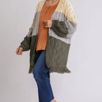 Patchwork Knitted Open Front Cardigan Sweater With Frayed Hem