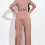 Solid 3/4 Sleeve Top And Wide Leg Pleated Pants Two Piece Set