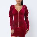 Soft Velvet Pleated Puff Sleeve Low V Neck Front And Back Mini Dress