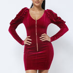 Soft Velvet Pleated Puff Sleeve Low V Neck Front And Back Mini Dress