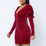 Soft Velvet Pleated Puff Sleeve Low V Neck Front And Back Mini Dress