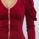 Soft Velvet Pleated Puff Sleeve Low V Neck Front And Back Mini Dress