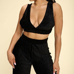 Crushed Velvet Plunging Neck Tank Top And High Waist Palazzo Pants Set