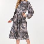 Long Sleeve Pleated Snake Skin Print Midi Dress