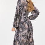 Long Sleeve Pleated Snake Skin Print Midi Dress