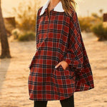 Mock Neck With Zipper Contrast Inside Front Pocket Plaid Poncho